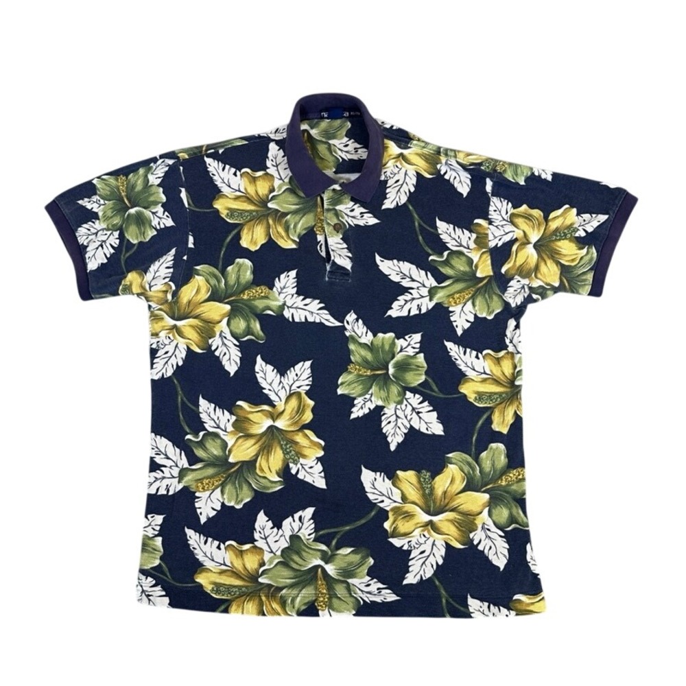 Vtg. Nautica Mens XL Tropical Hibiscus Floral Polo Shirt Navy Blue Cotton Pique
